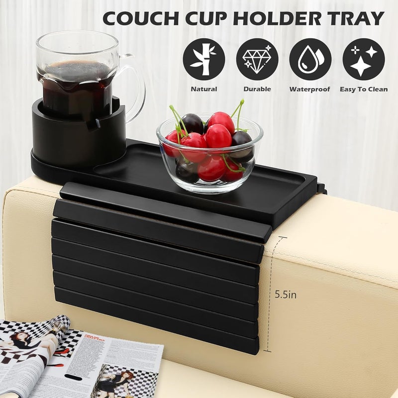 BAMTRAY Couch Cup Holder Tray, 15.75" Bamboo Cup Holder for Couch, 3 in 1 Foldable Arm Chair Clip on Side Tray Table for Remote Snack Table on Armrest - Image 2